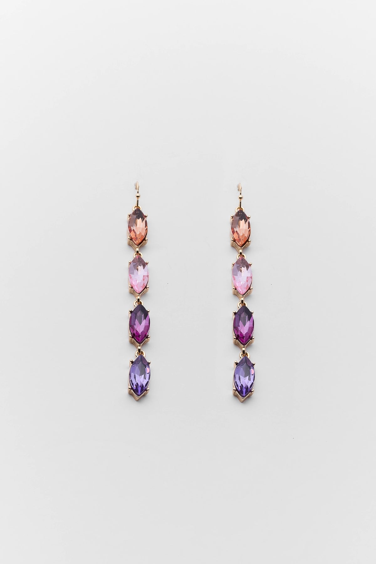 Raquel Pink Multi Stone Drop Earrings with marquise-cut pink and purple gems, gold setting - Flat Lay | Avara