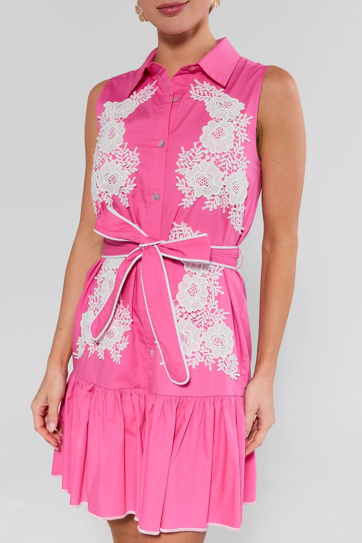 Norah Pink Button-Up Short Dress with white lace detail and ruffled hem - Close-Up Front | Avara
