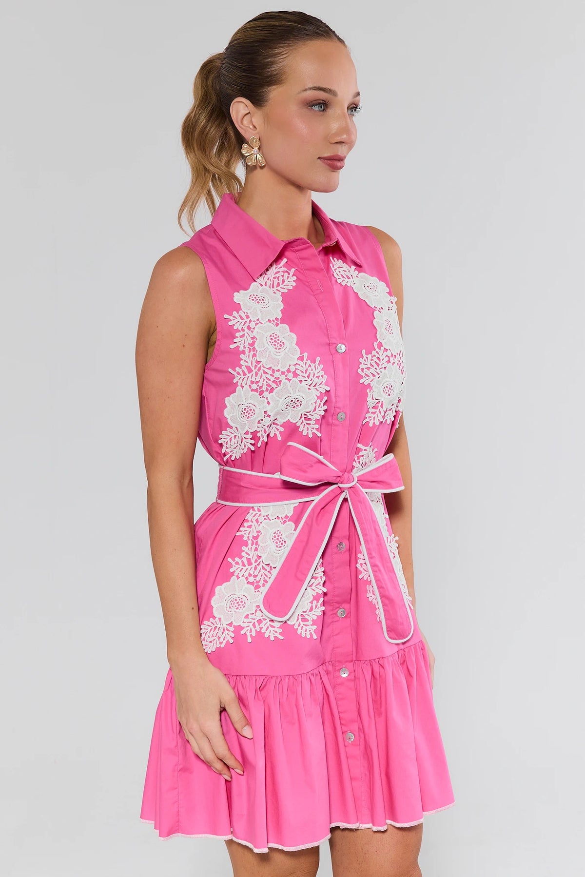 Norah Pink Button-Up Short Dress with white lace appliqué and self-tie belt - Side View | Avara