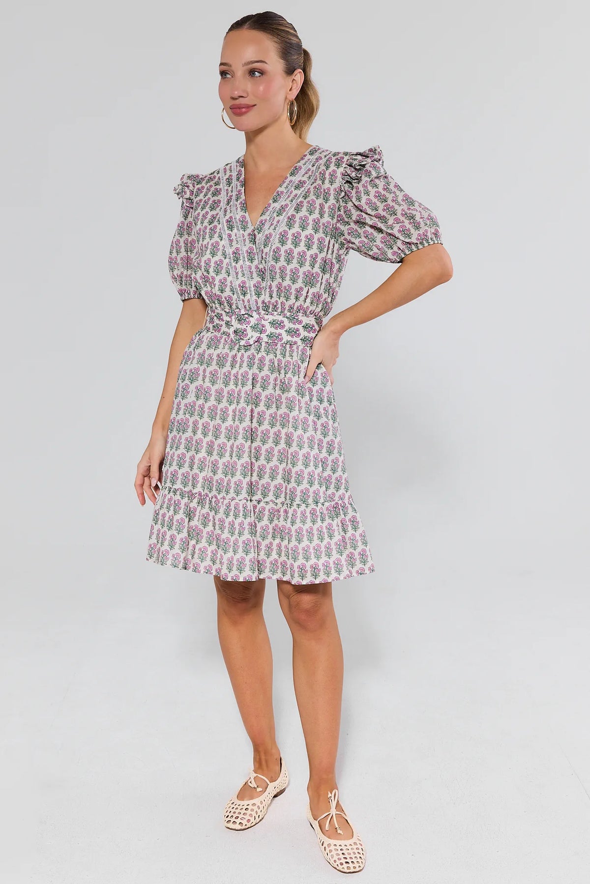 Cody White Floral Print Belted Dress styled with flats - Full Length Side View | Avara