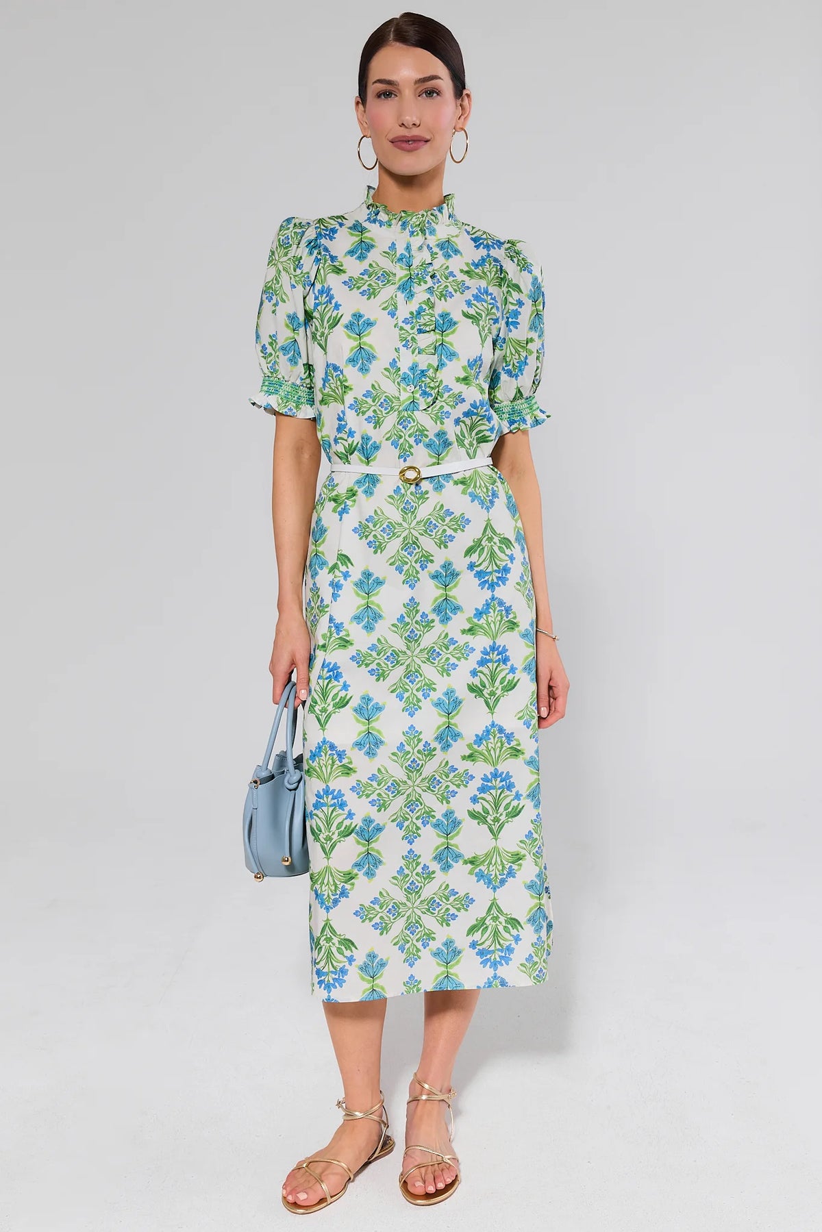 Elena White Floral Modest Midi Dress belted with blue bag & gold sandals - Full Length Styled Look | Avara