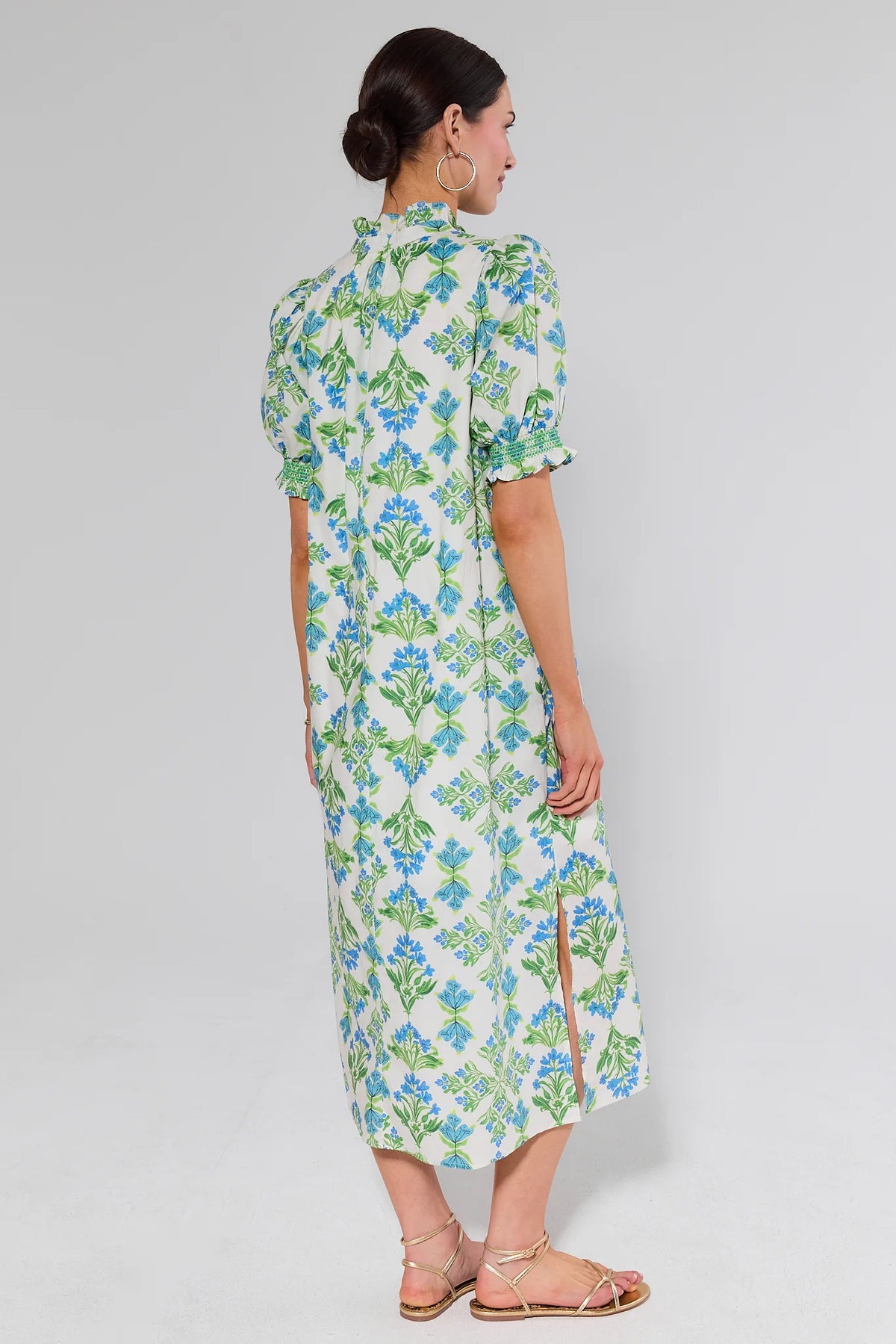 Elena White Floral Print Midi Dress showing back slit & puff sleeve smocking detail - Back View | Avara
