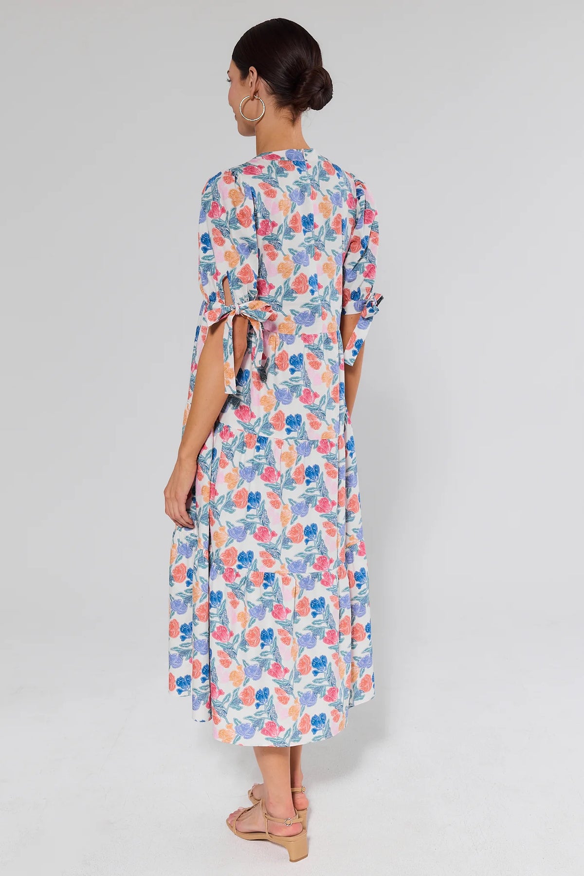 Harriet Multi Floral Printed Midi Dress - Back View, Tiered Modest Hem & Sleeve Ties | Avara