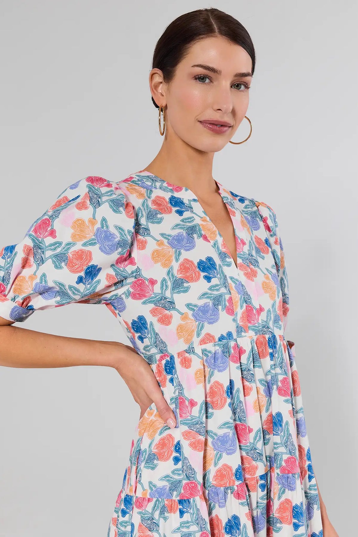 Harriet Multi Floral Printed Midi Dress - Close-Up V-Neckline & Puff Sleeve Tie Detail | Avara