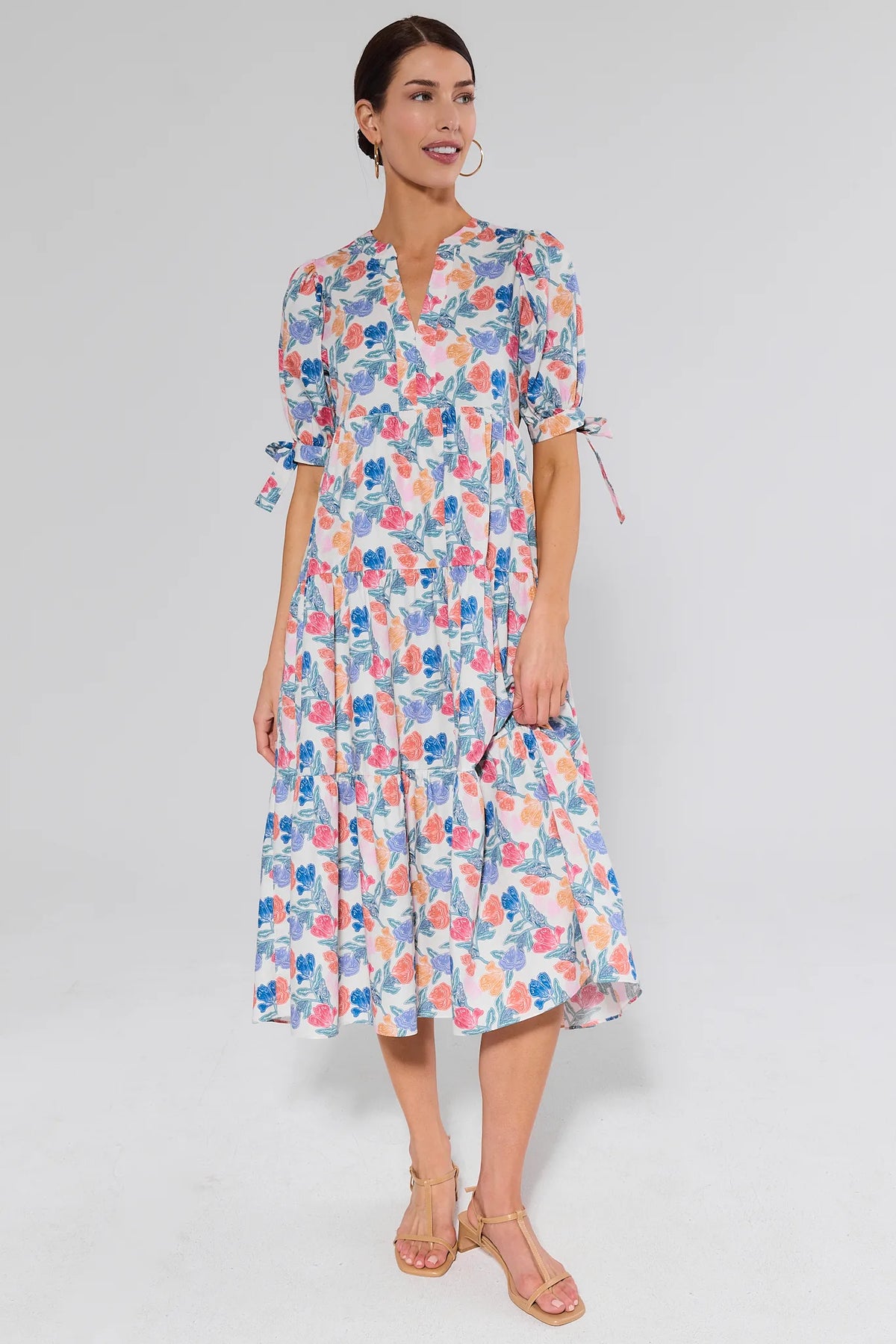 Harriet Multi Floral Printed Midi Dress - Full Body Front View, Tiered Modest Silhouette | Avara