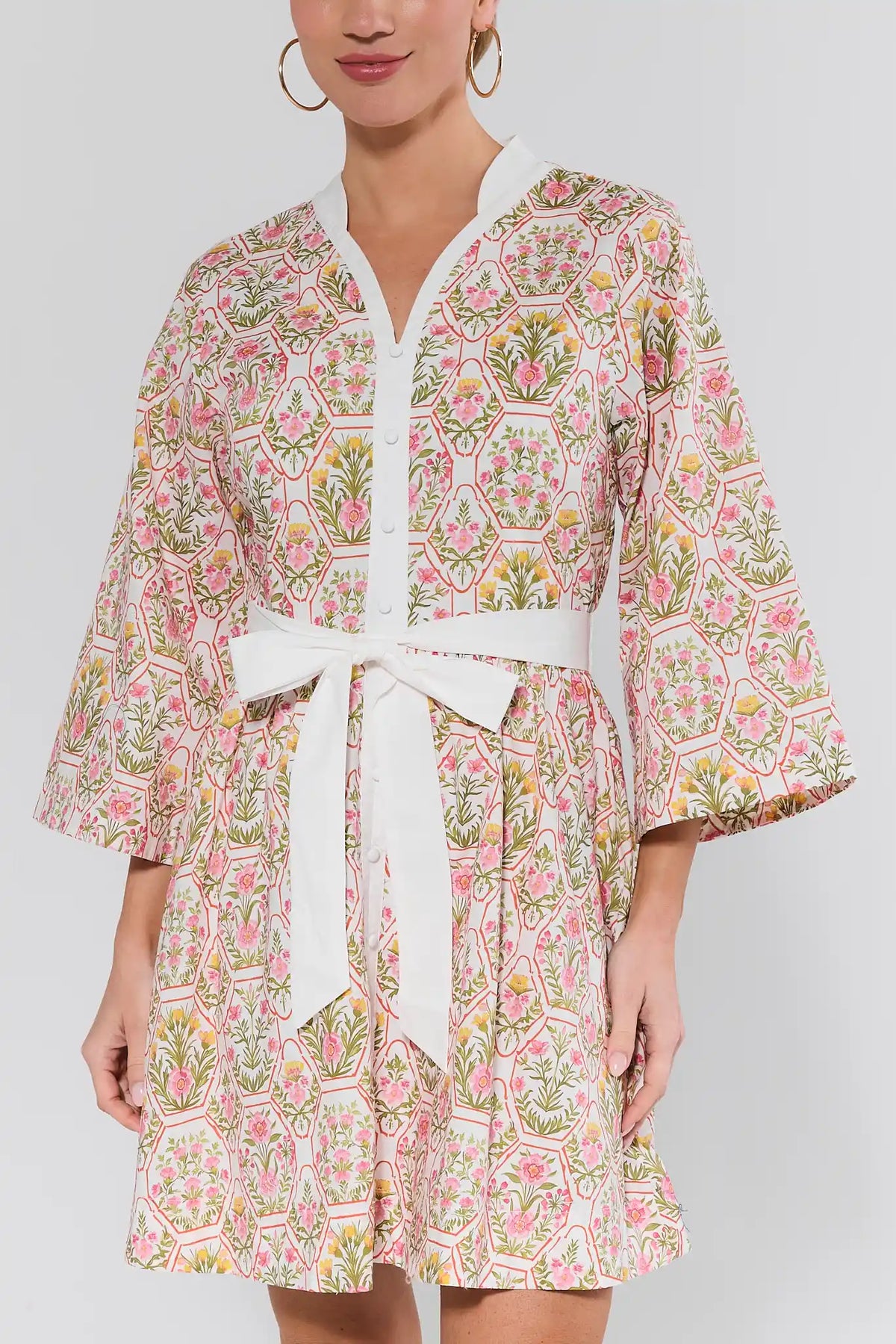 Cameron Multi Floral Short Dress close-up, white contrast trim and belted waist detail | Avara