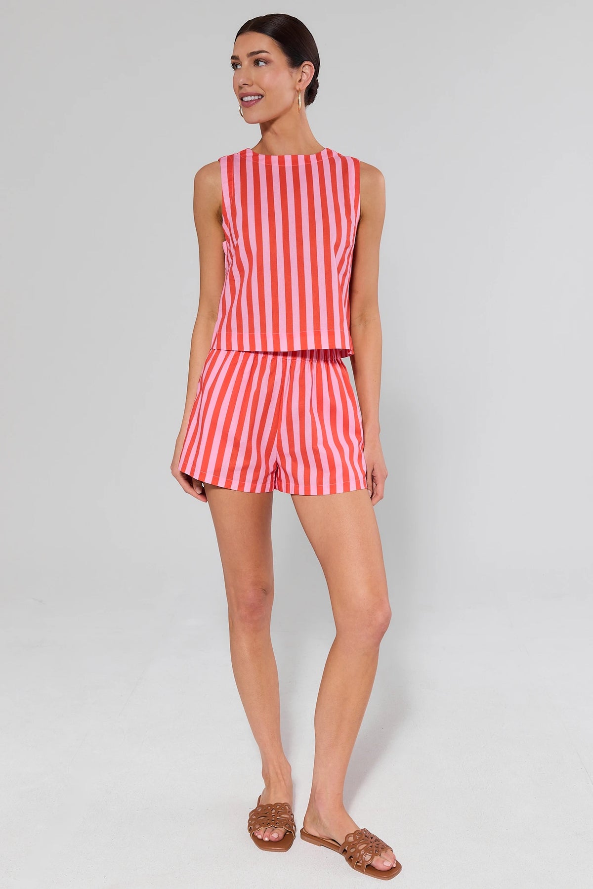 Orange striped shorts women matching set with Blaire Top - Full-Length Styled Look | Avara