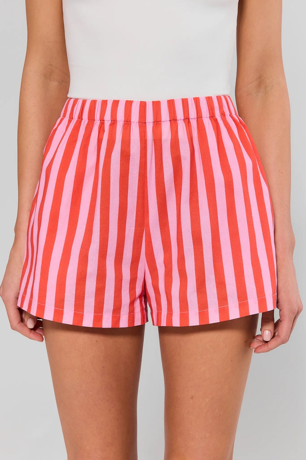 Orange and pink striped Blaire Shorts - Front Close-Up Detail, elastic waistband | Avara