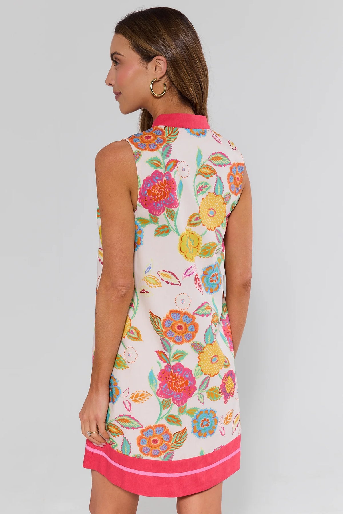 Justine Floral Short Dress cream sleeveless shift with pink border hem - Back View | Avara