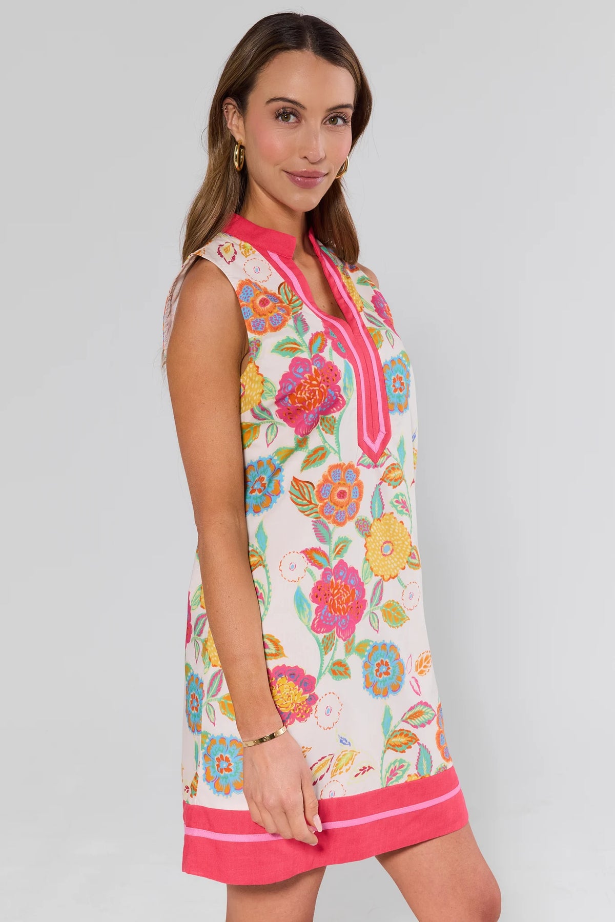Justine Floral Short Dress vibrant print with pink contrast trim - Side View | Avara