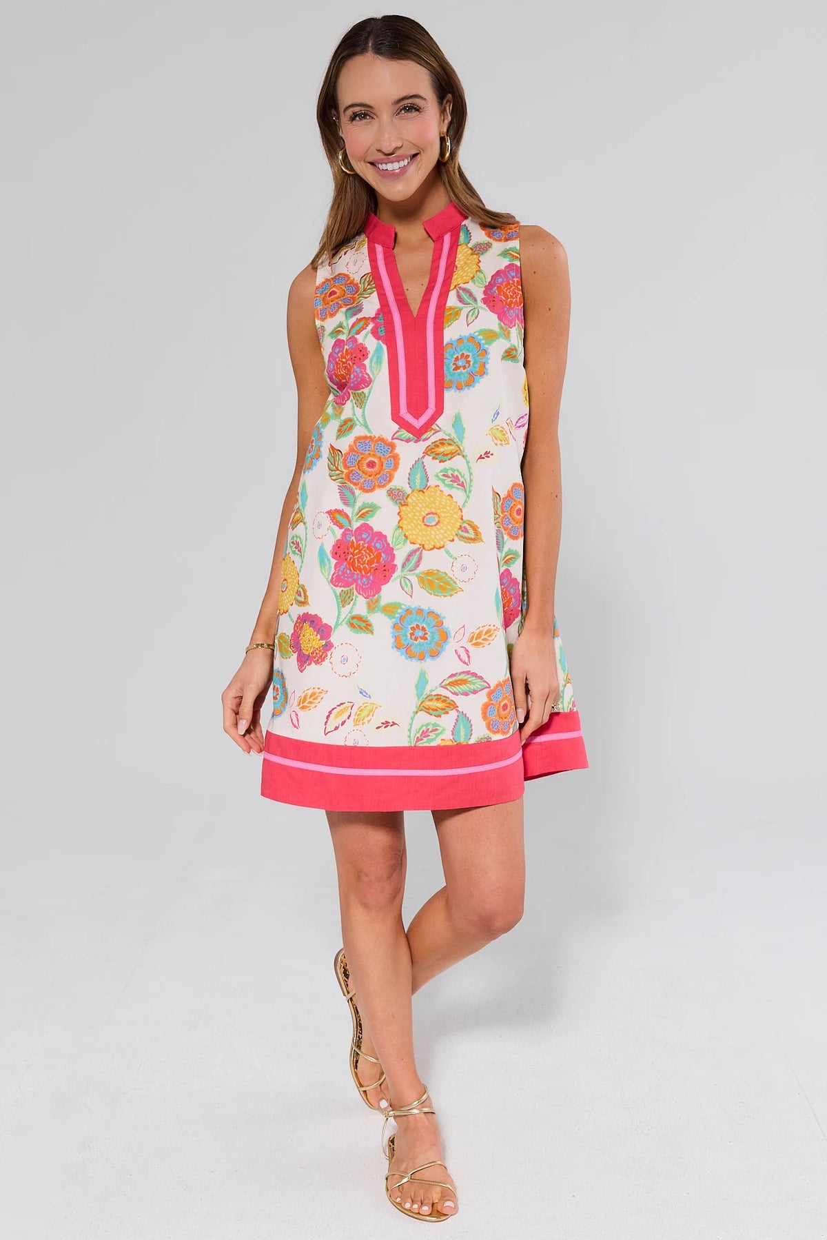 Justine Floral Short Dress cream with pink hem stripe, styled with gold sandals - Full Length | Avara
