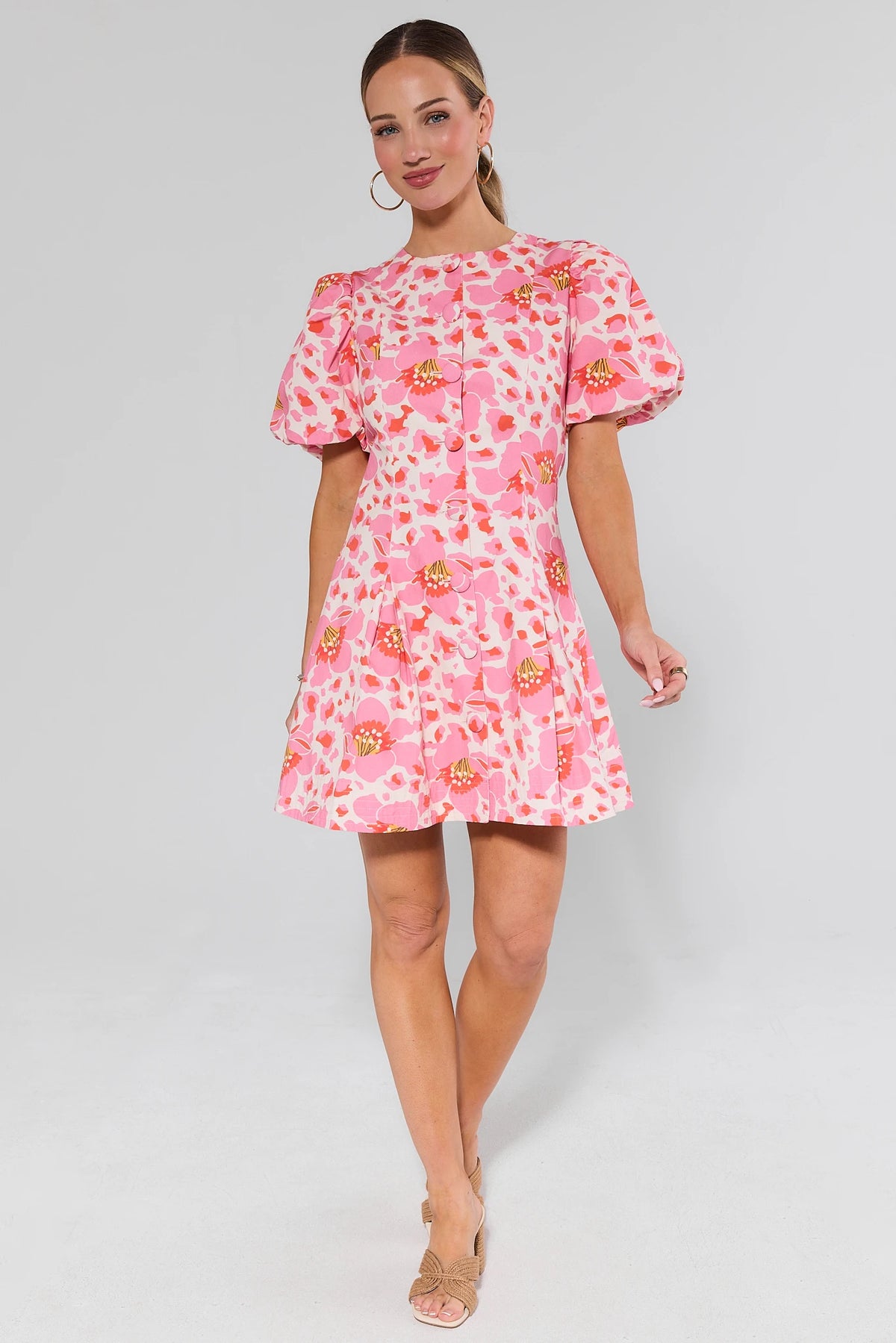 Ruth Pink Floral Print Short Dress full-length front view with sandals - On Model | Avara