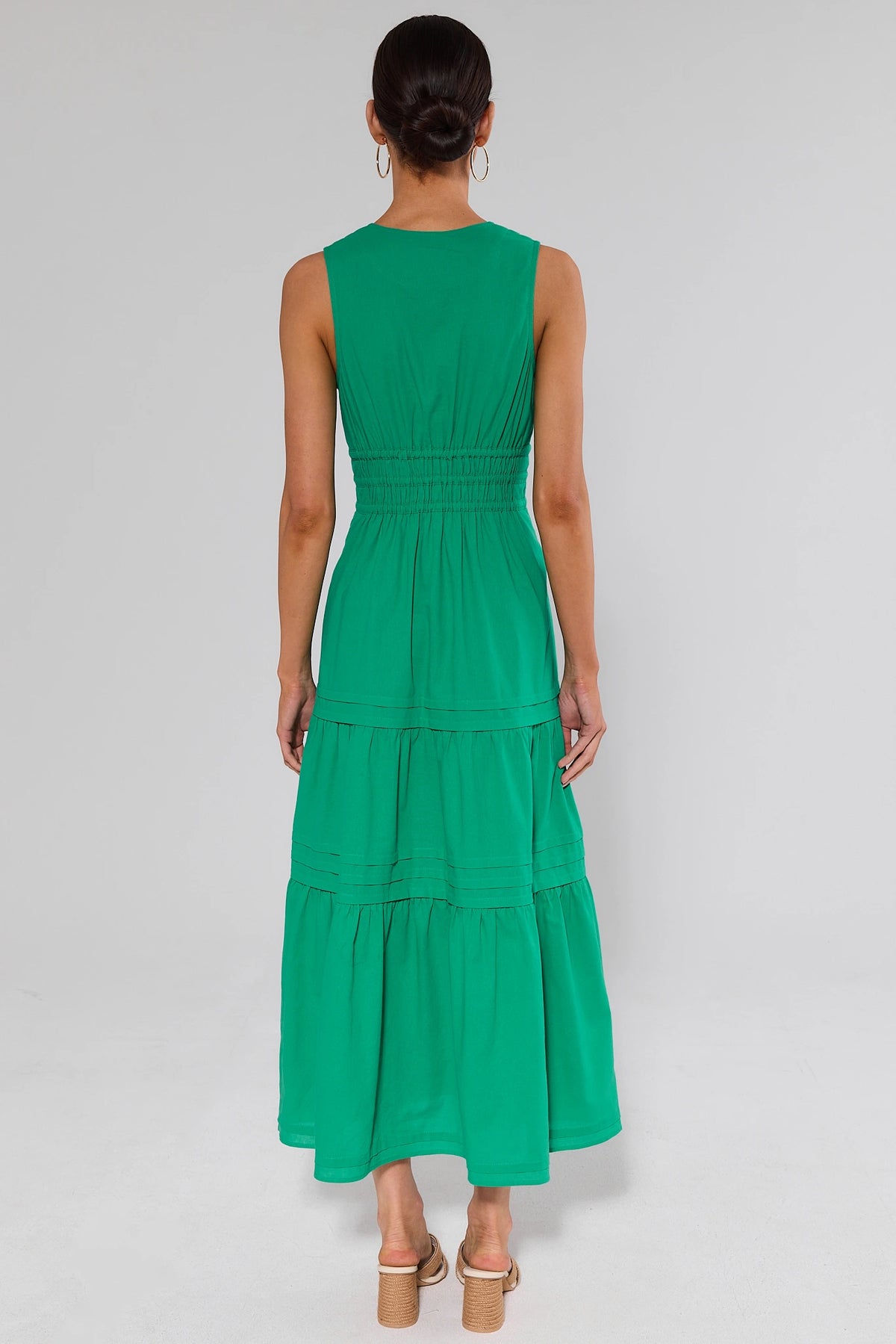 Gwendolyn Green Tiered Maxi Dress - Back View showing smocked waist and flowy skirt | Avara