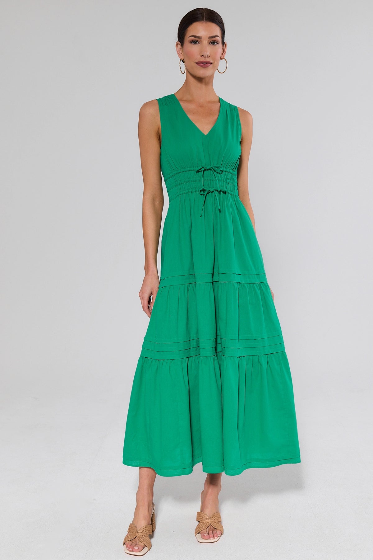 Gwendolyn Green tiered maxi dress - Full Front View with tan sandals on model | Avara