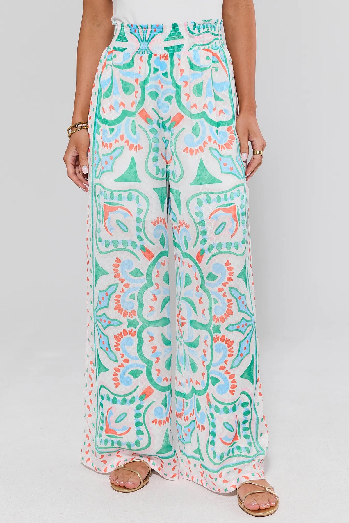 White Multi Print Katie Wide Leg Pants - Smocked Waist Front View, Patterned Pants for Women | Avara