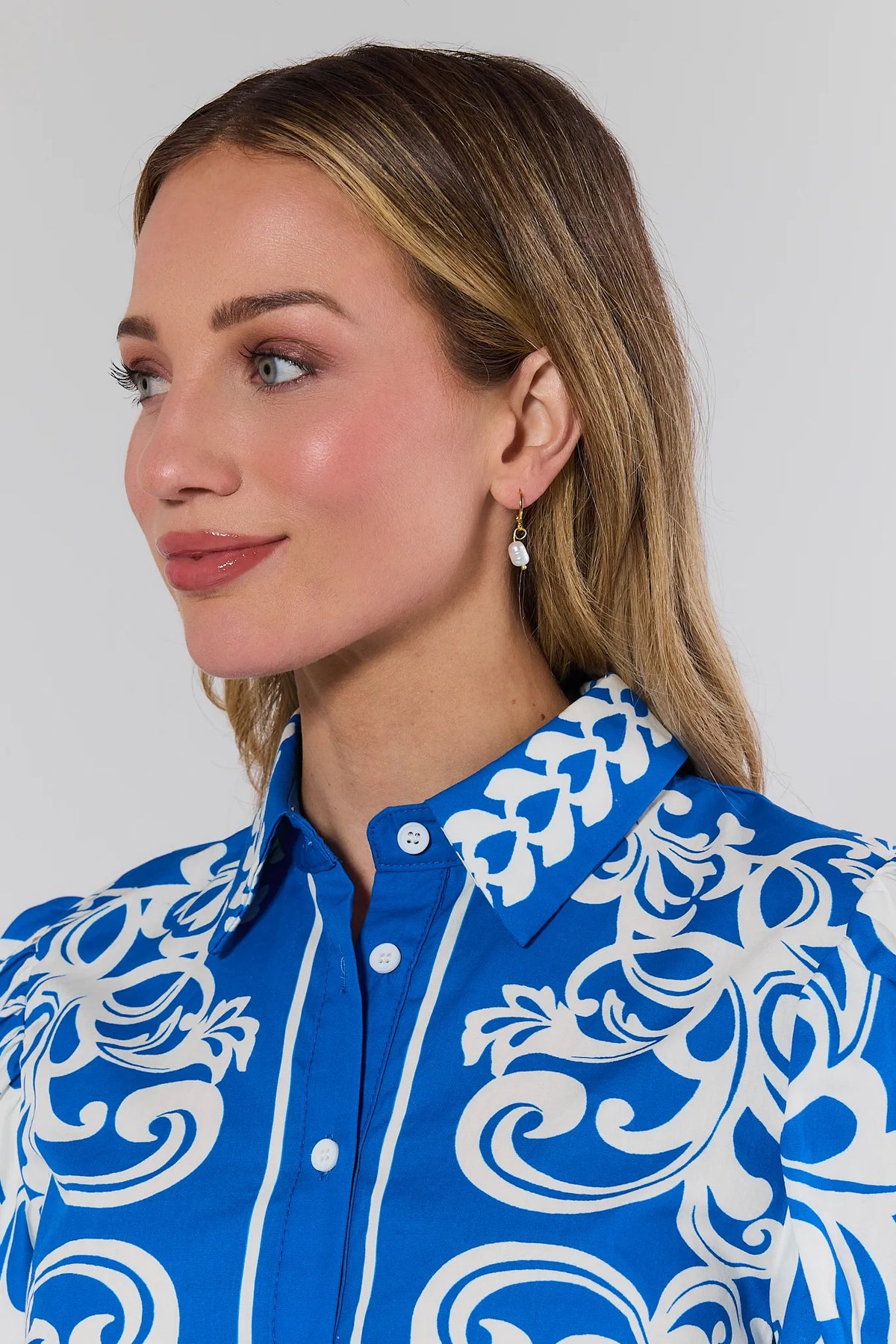 Beatrice Gold Pearl Drop Earrings - On Model Close-Up | Avara