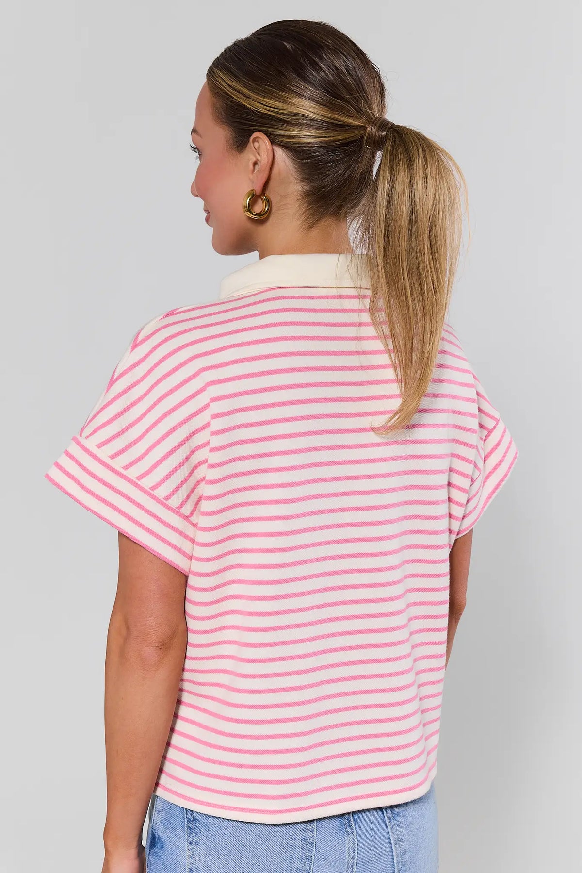 Maeve Pink and White Striped Polo Top back view showing relaxed fit and short sleeves | Avara