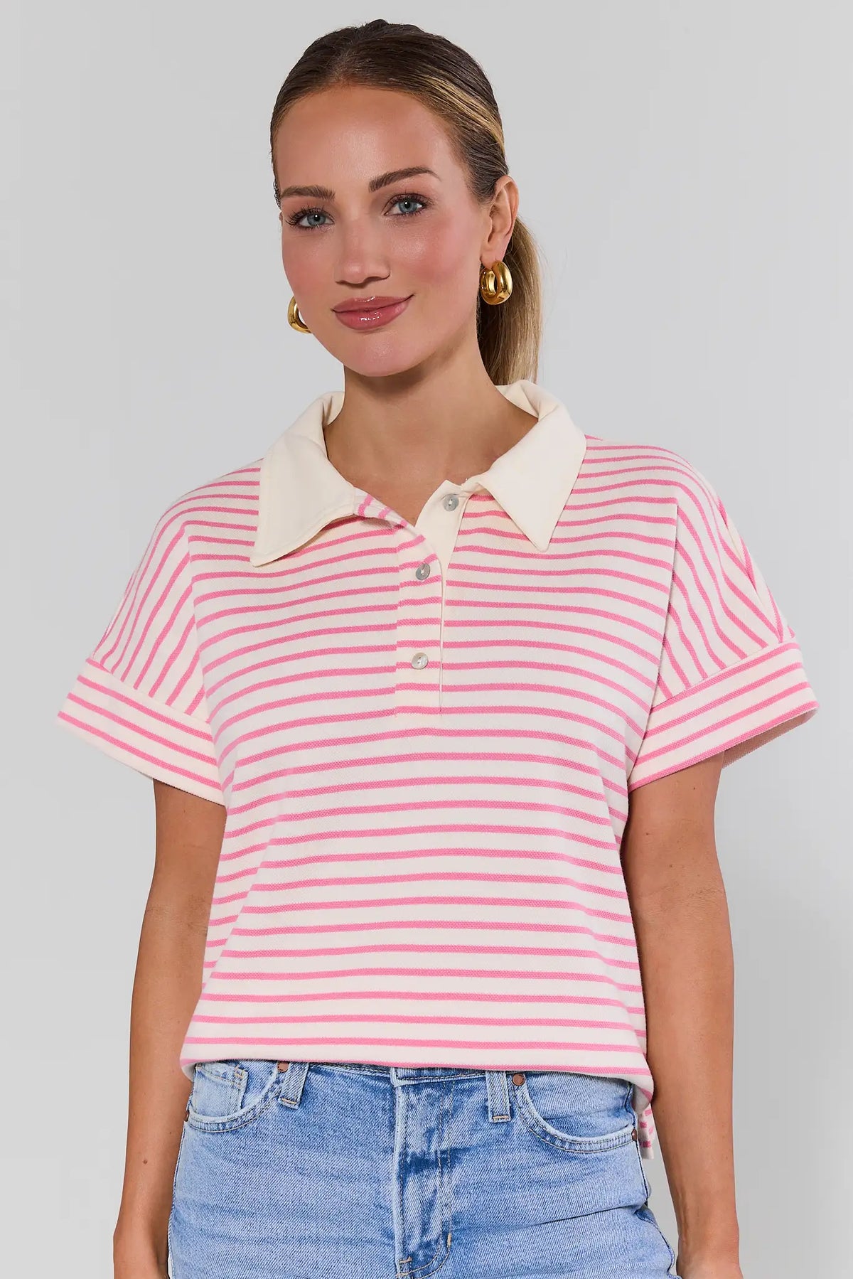 Maeve Pink Striped Collared Top with cream polo collar and button placket, close-up front view | Avara