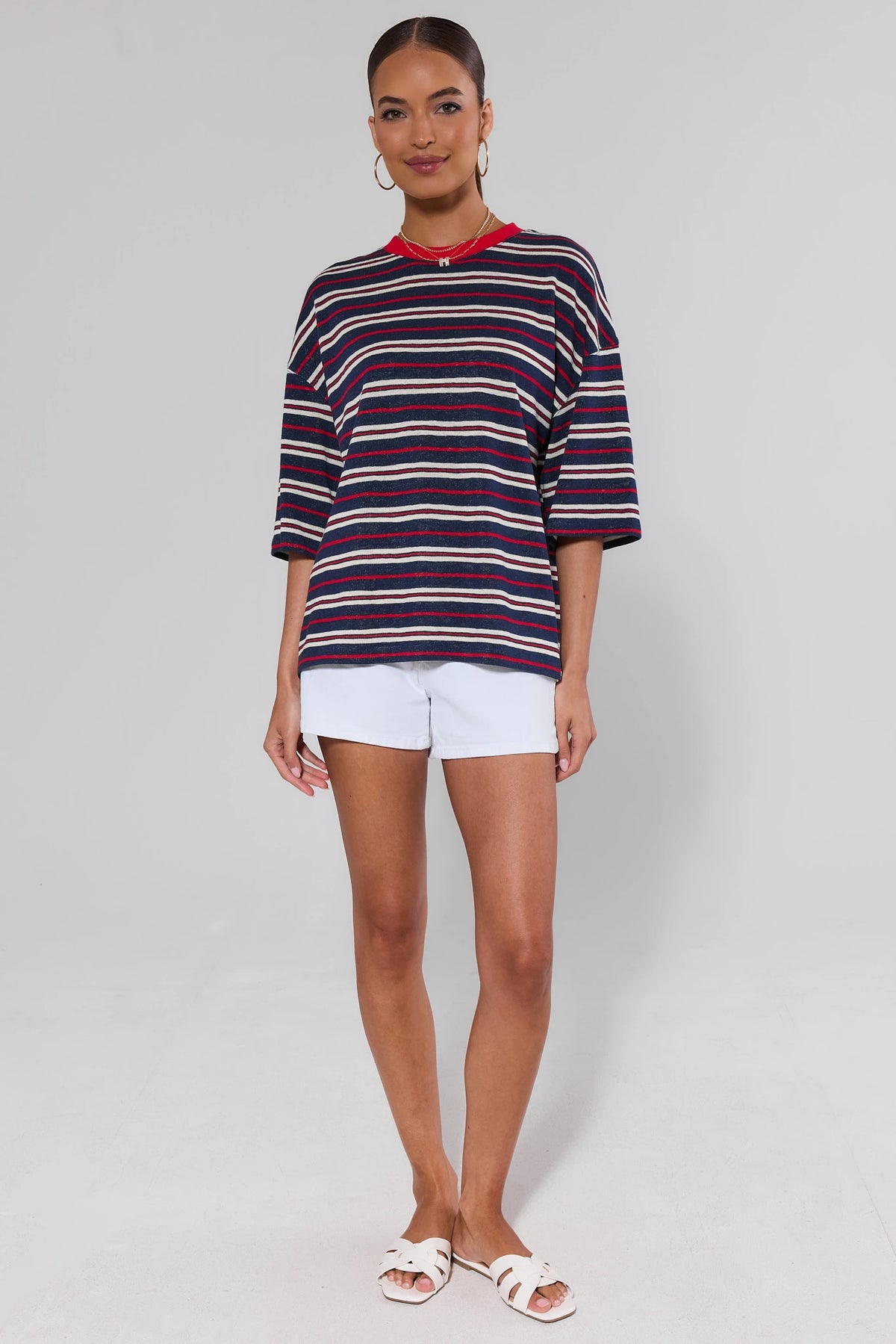 Mary Navy Striped Tee styled with white shorts - Full Length Front View On Model | Avara