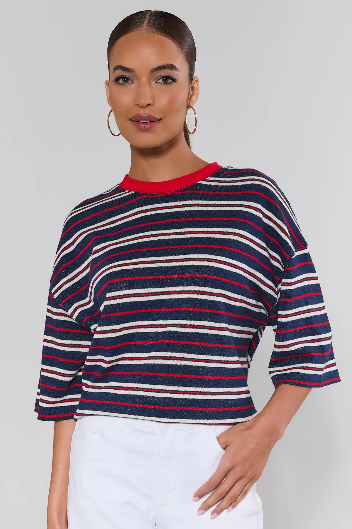 Mary Navy Striped Tee with red collar, relaxed fit - Front View On Model | Avara