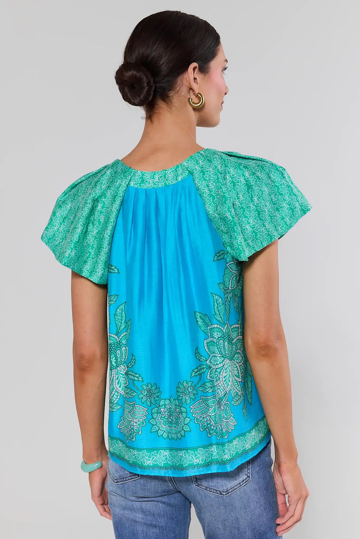 Sage Blue Printed Split Neck Top - Back View showing floral border print and flutter sleeves | Avara