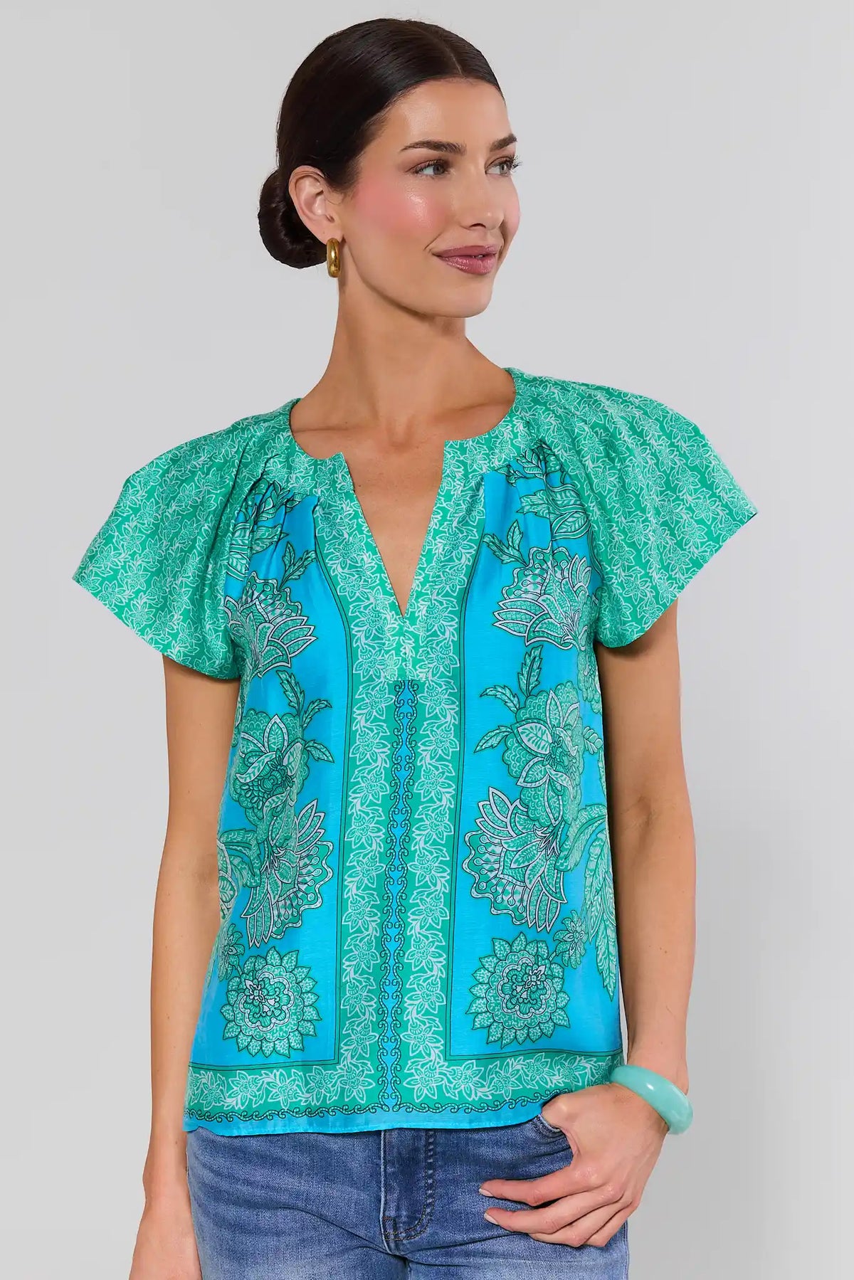 Sage Blue Printed Split Neck Top - Front View, flutter sleeves and floral print detail | Avara