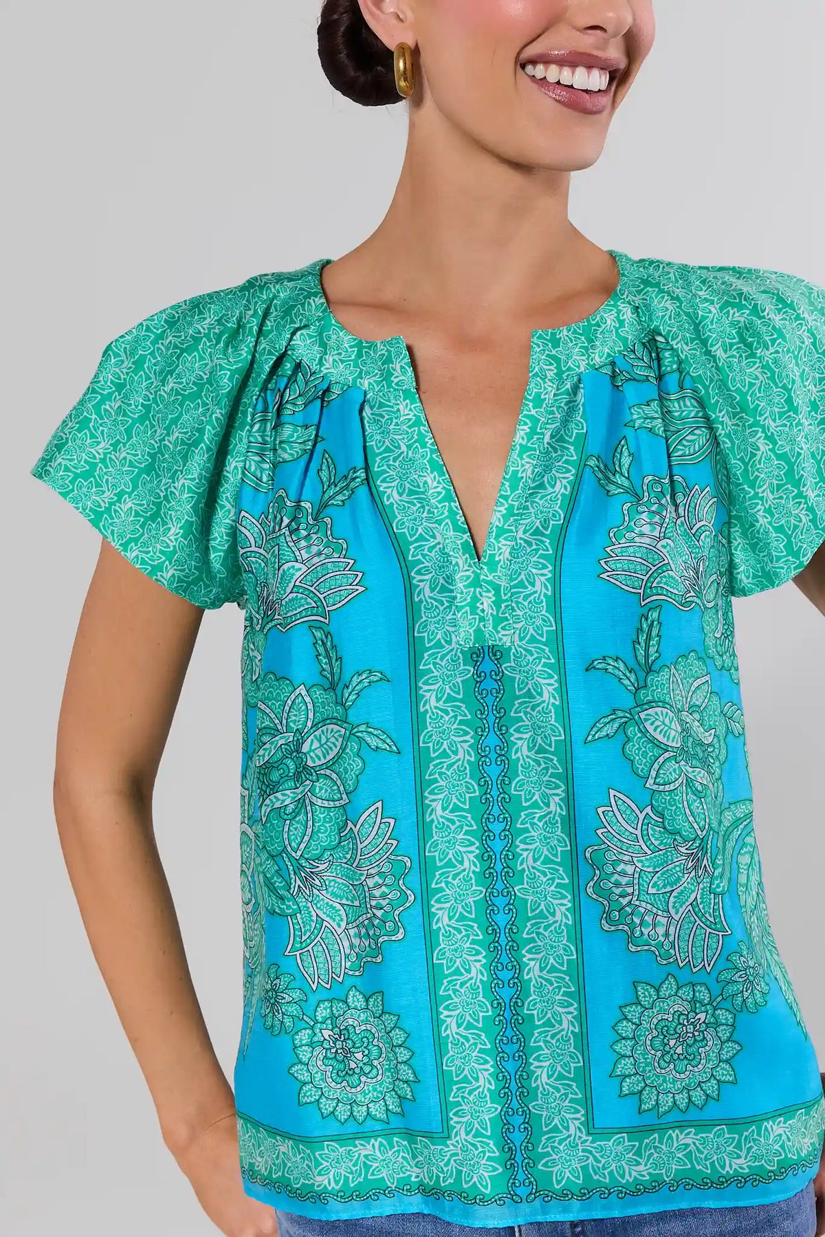 Sage Blue Printed Split Neck Top - Close-Up Neckline & Flutter Sleeve Detail | Avara