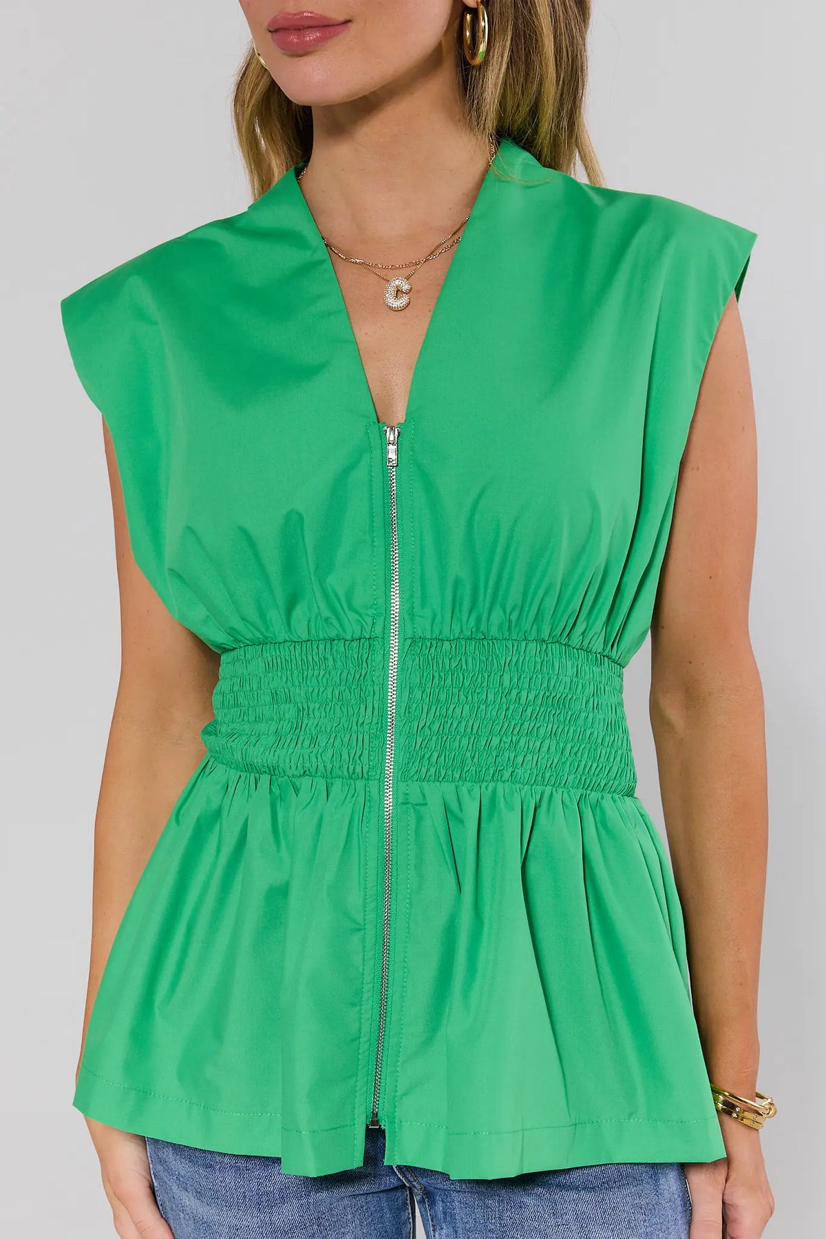 Green Ashley Zip Up Top - Smocked Waist & Silver Zipper Close-Up Detail | Avara