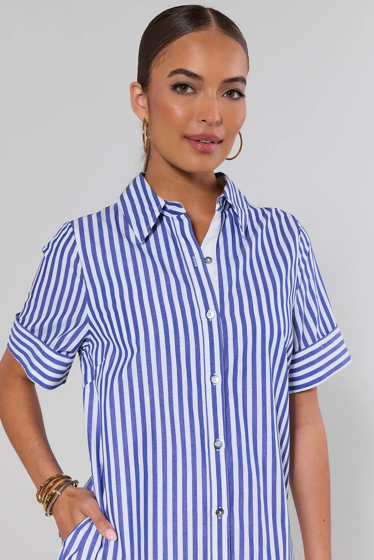 Close-up of Juniper Blue Striped Midi Dress collar and button-front detail, cute midi dress | Avara