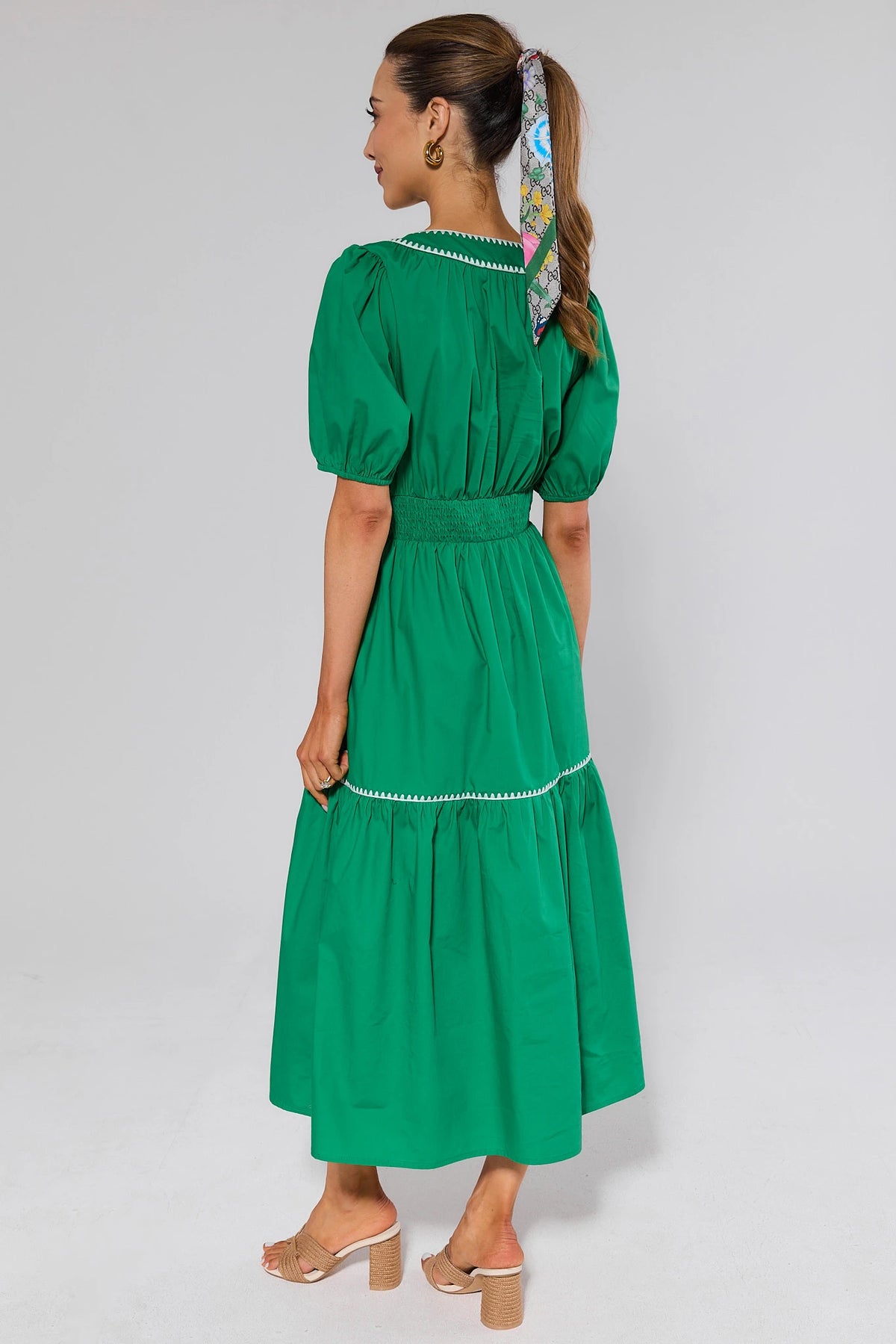 Green Aria Contrast Trim Midi Dress showing smocked waist and tiered back - Back View | Avara