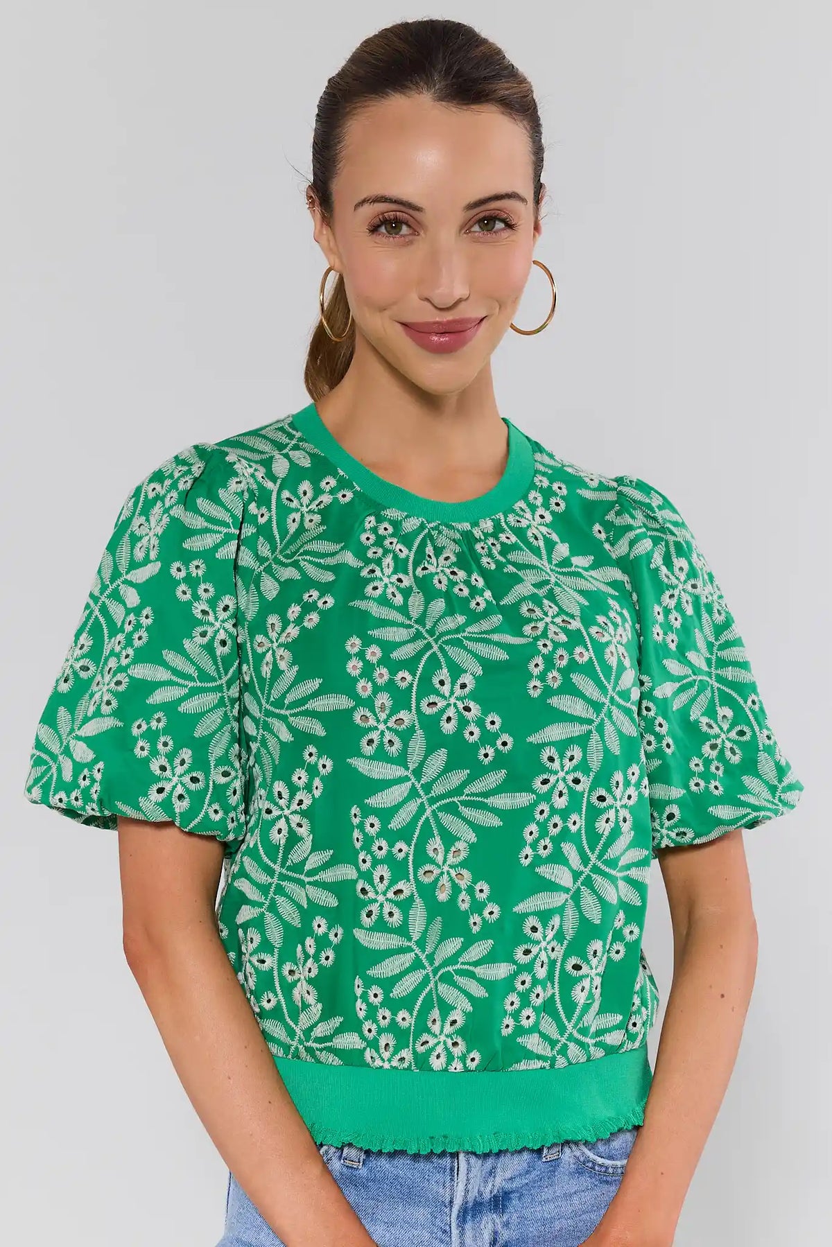 Carrigan Green Eyelet Embroidered Top - Front View, On Model | Avara