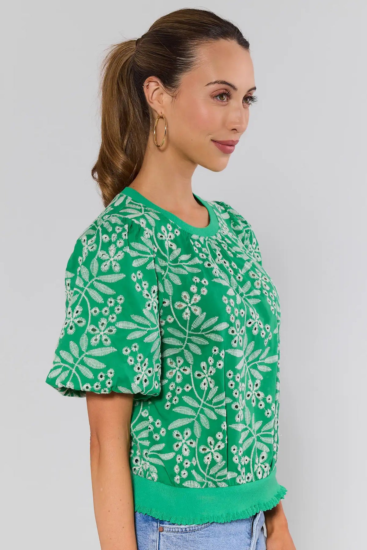 Carrigan Green Eyelet Embroidered Top - Side View, Puff Sleeve Detail | Avara