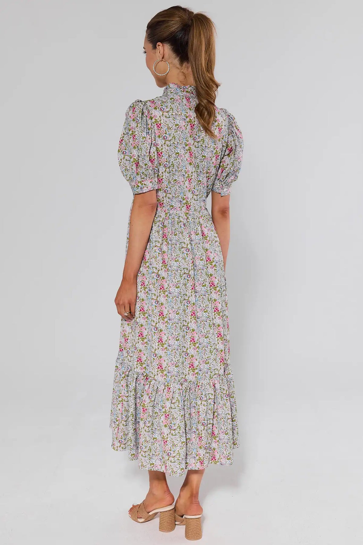Martha Multi Floral Maxi Dress - Back View, Smocked Waist Modest Floral Maxi Dress | Avara