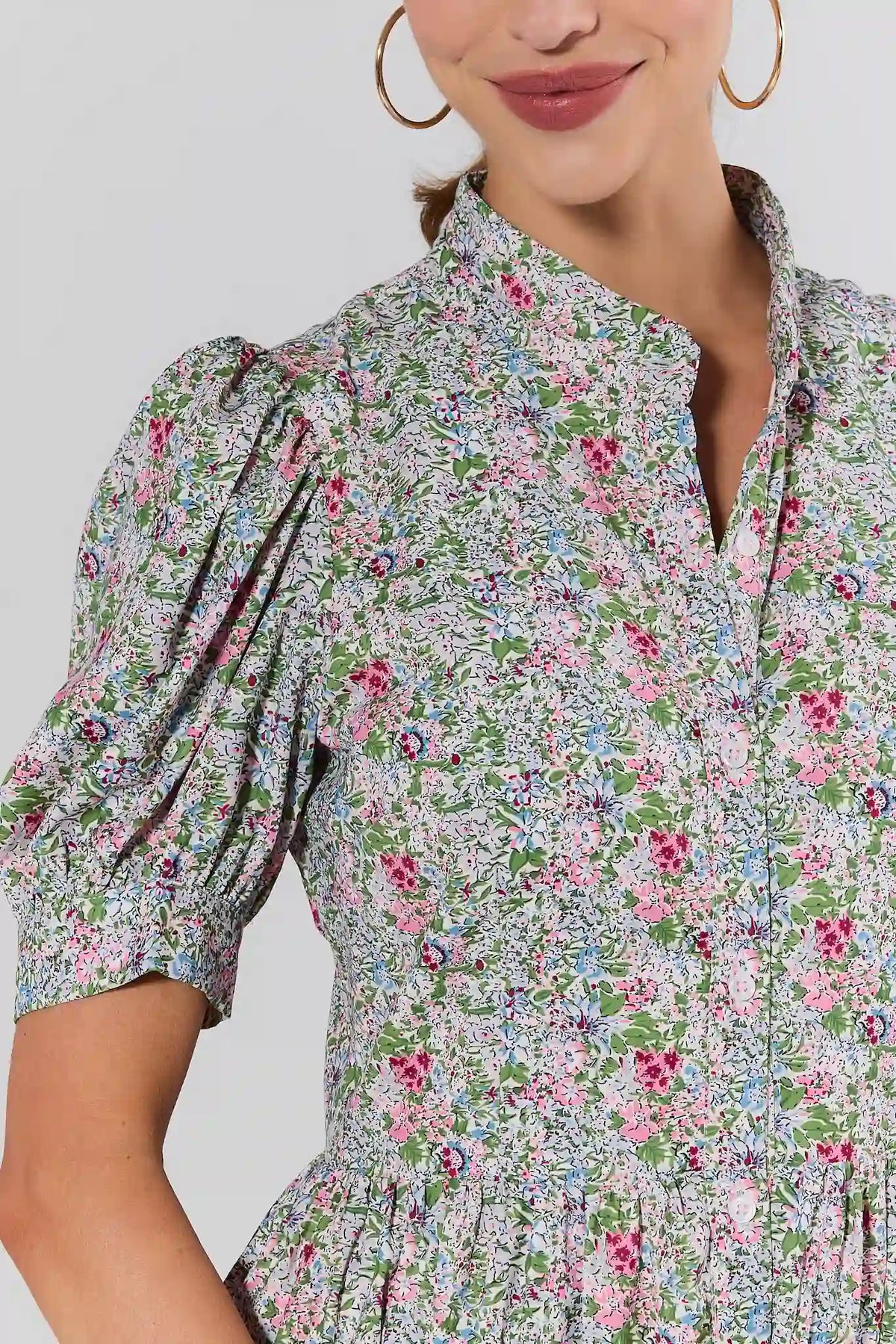 Martha Multi Floral Maxi Dress - Close-Up Detail, Button Front & Puff Sleeve Floral Print | Avara
