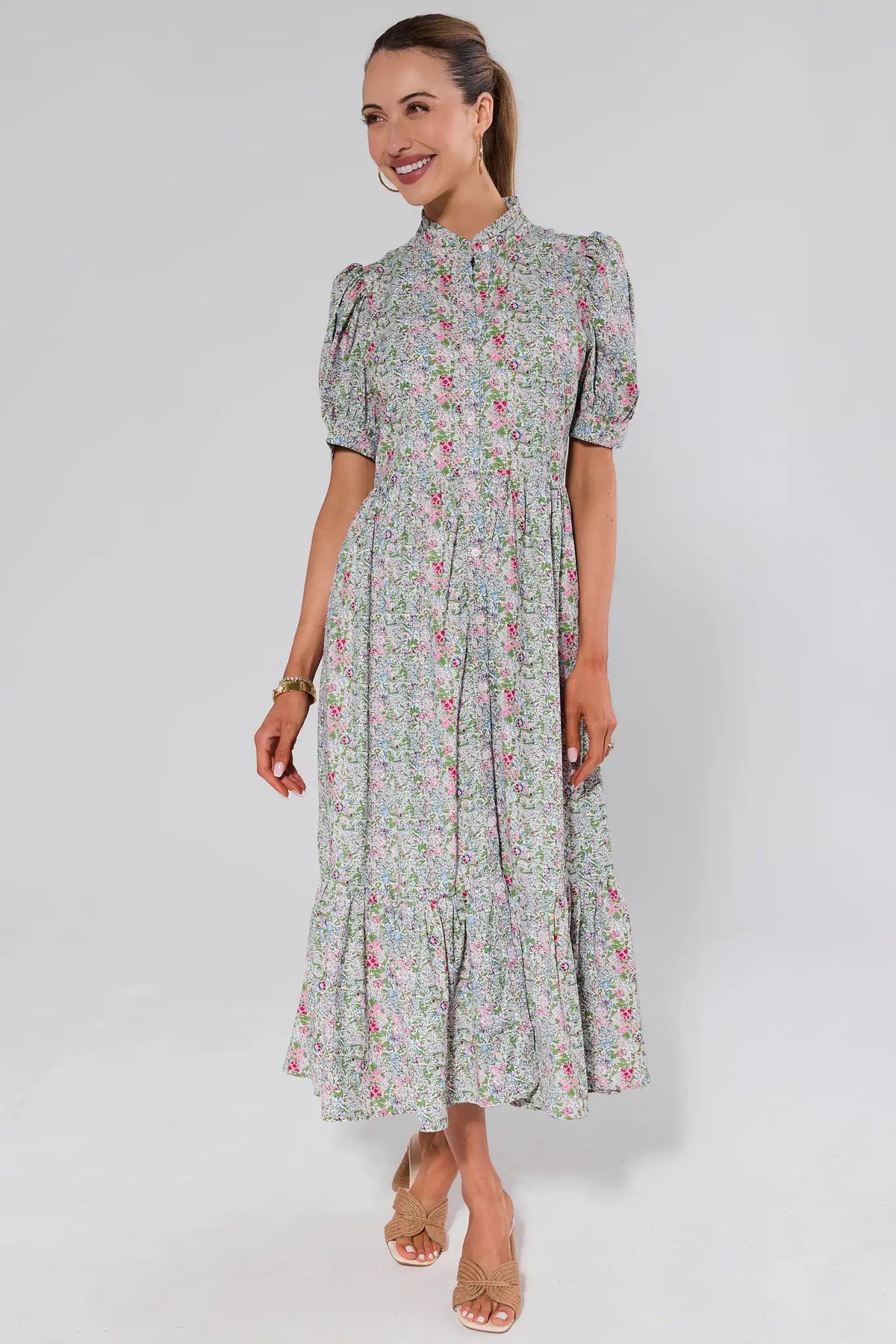 Martha Multi Floral Maxi Dress - Front View, Puff Sleeve Modest Maxi with High Neck | Avara