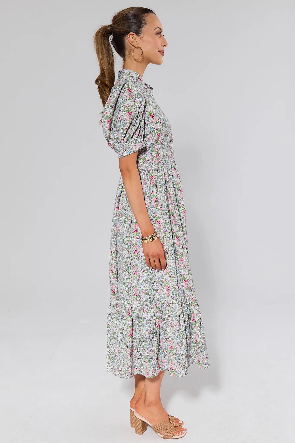 Martha Multi Floral Maxi Dress - Side View, Tiered Modest Maxi Dress with Puff Sleeves | Avara