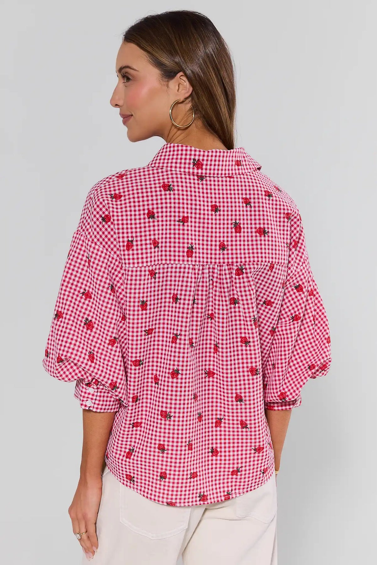 Dorthea Red Gingham Top back view showing relaxed fit, puff sleeves, and strawberry print | Avara
