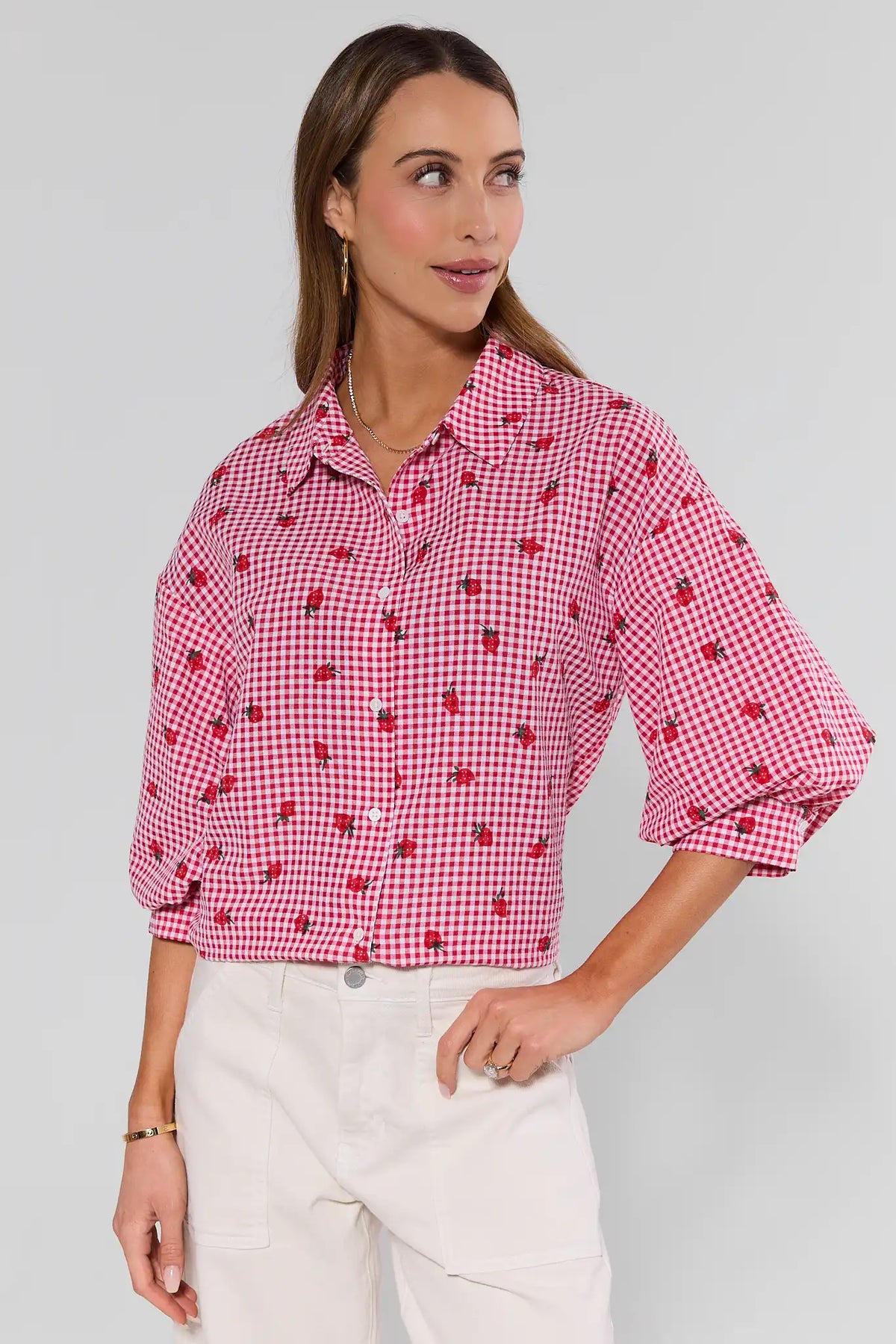 Dorthea Red Gingham Top with strawberry print, 3/4 sleeves, front view on model | Avara