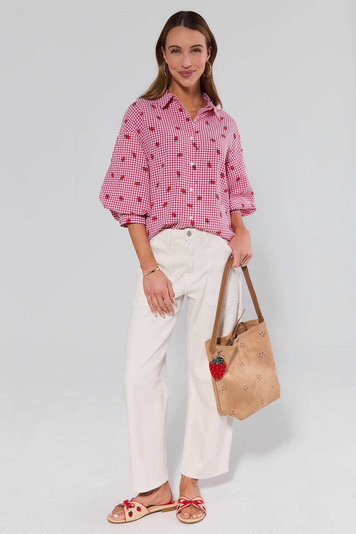 Dorthea Red Gingham Top styled with white pants and tan tote, full-length on model | Avara