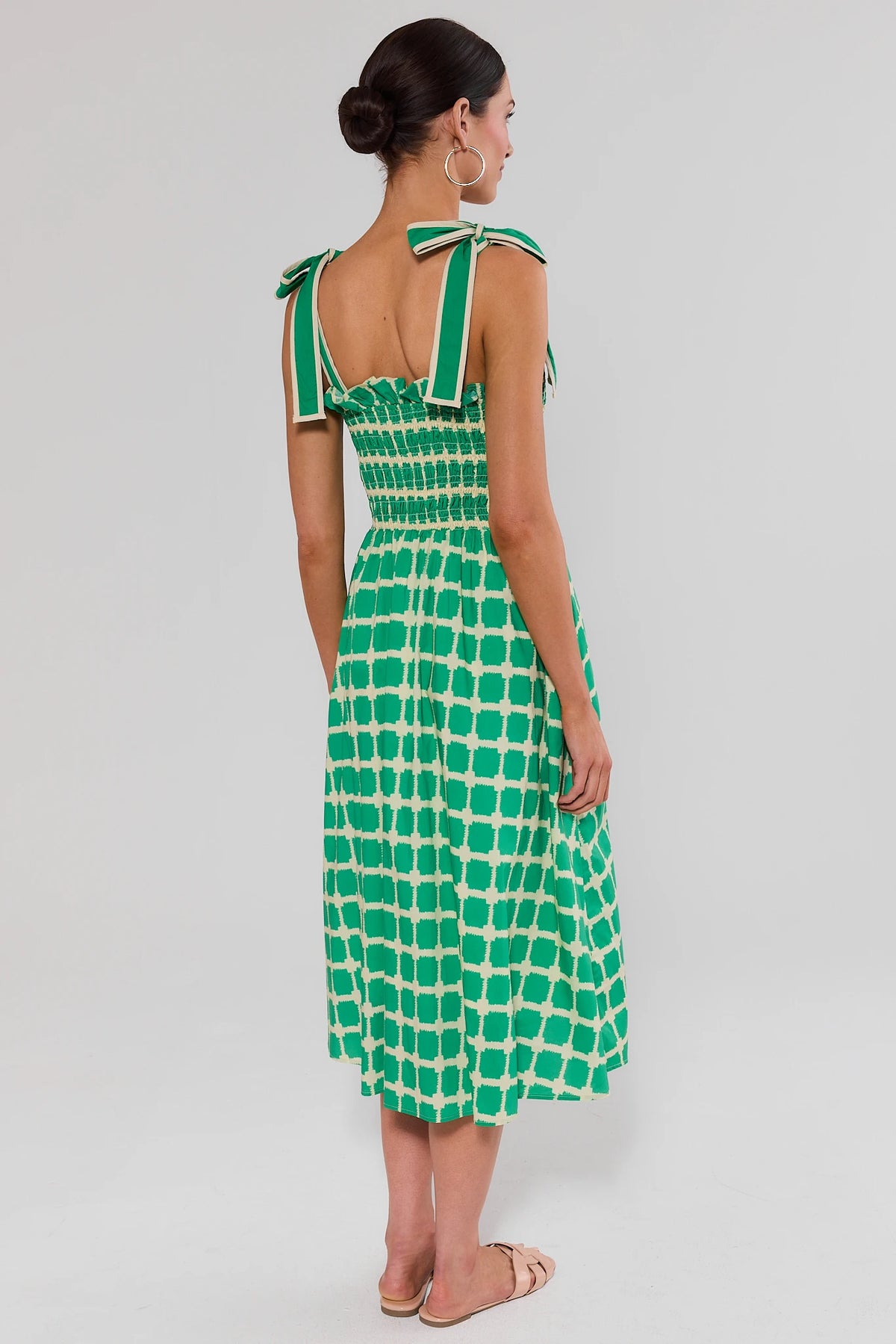 Green Check Print Talia Midi Dress - Back View Showing Smocked Back & Full Skirt | Avara