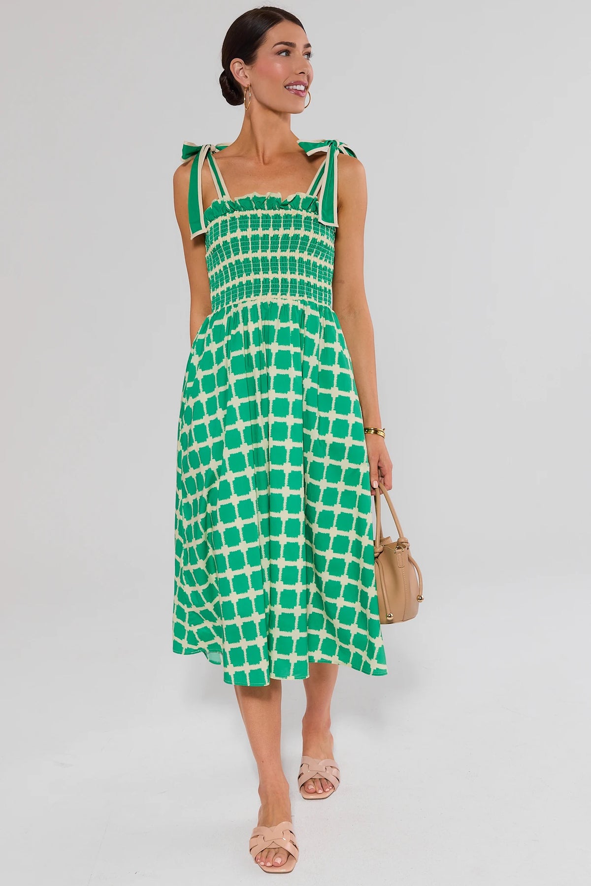 Green Abstract Check Print Talia Midi Dress - Full Body Front View, Smocked Bodice & Tie Straps | Avara