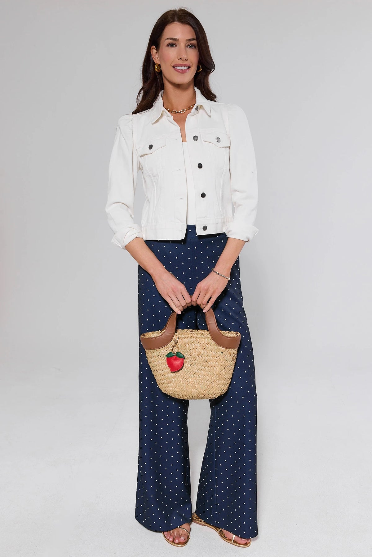 Styled look: navy polka dot wide-leg pants with white jacket and straw bag, full-length on model | Avara