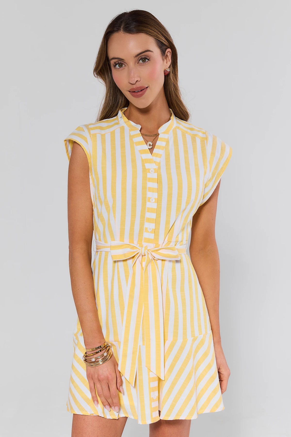 Erica Yellow Striped Short Dress - Front View, Self-Tie Belted Waist & Button Detail | Avara