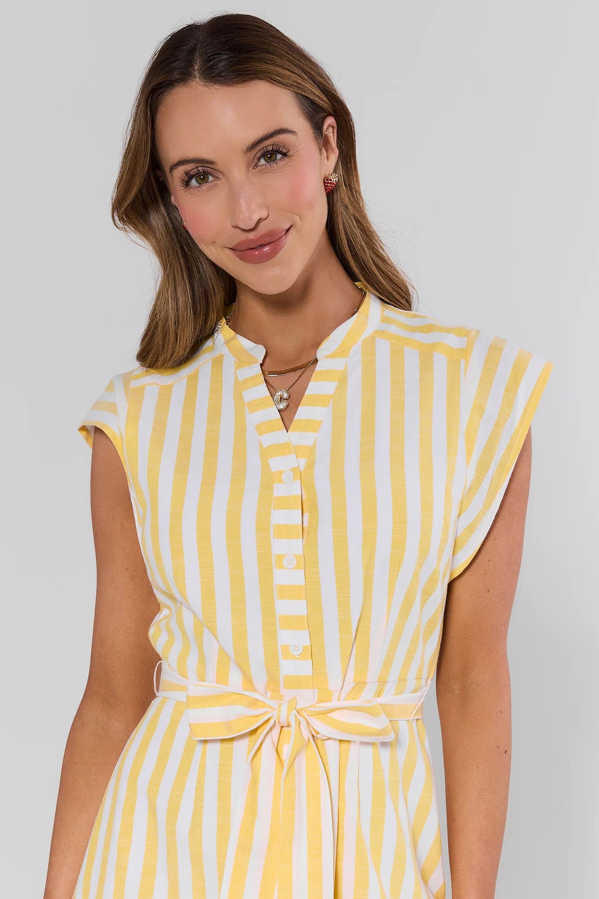 Erica Yellow and White Striped Dress - Close-Up of Mandarin Neckline & Tie Waist | Avara