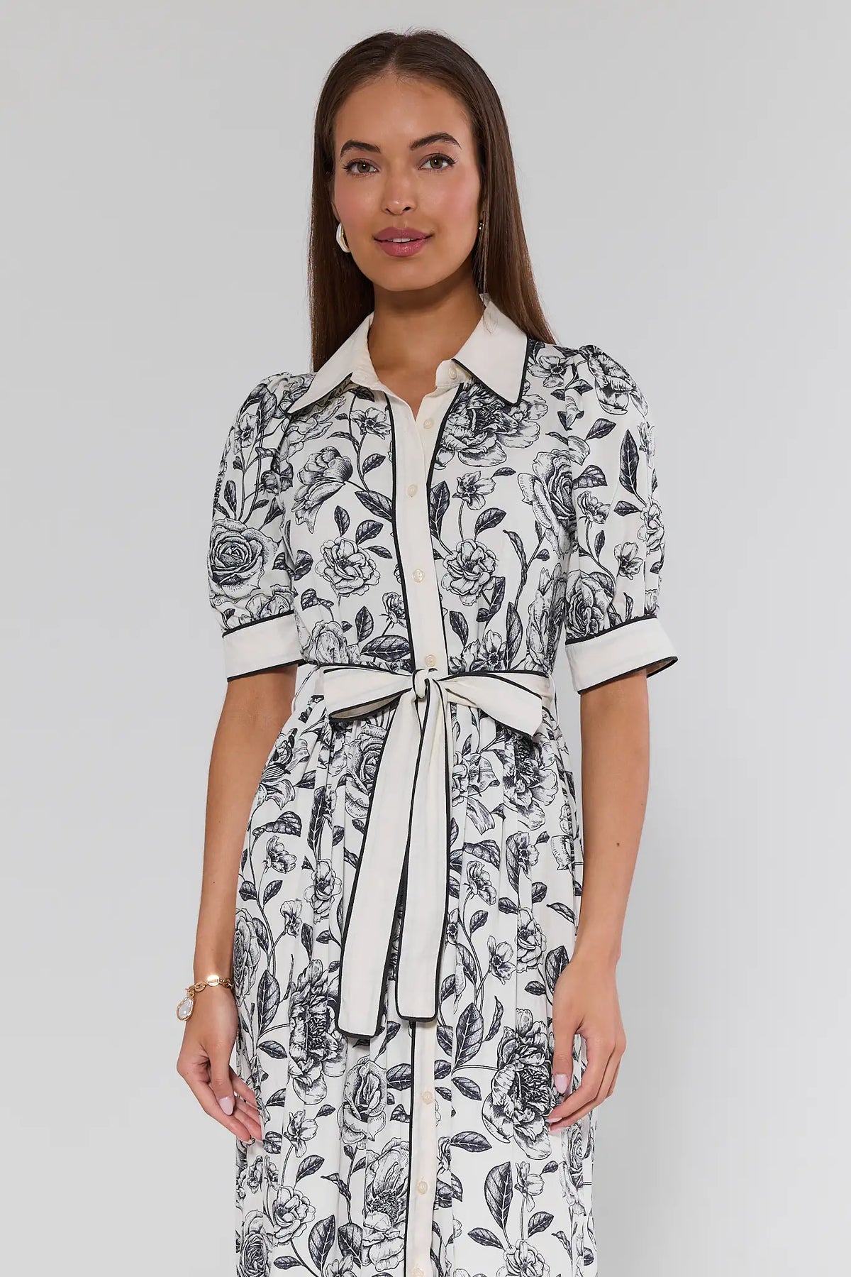 Caitlyn Navy Floral Print Midi Dress with Self-Tie Belt - Front View, Modest Midi Length | Avara