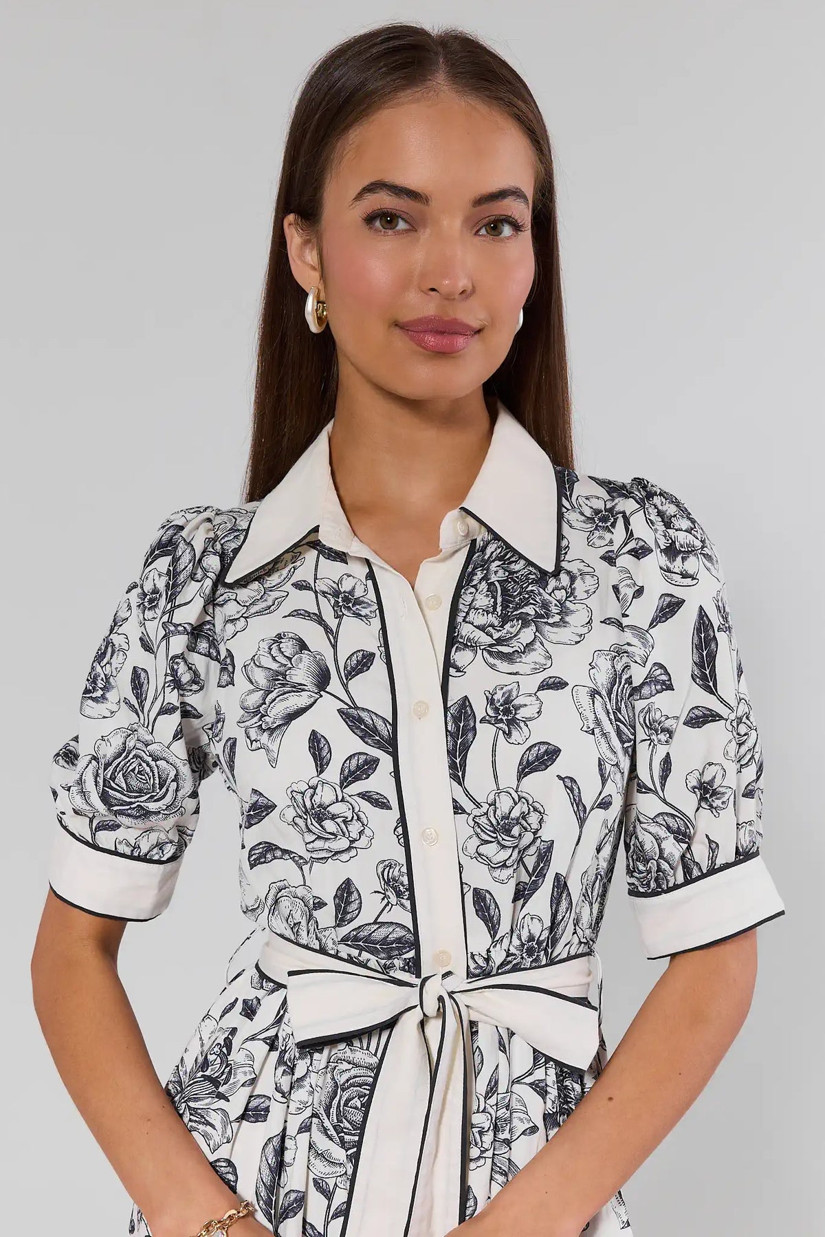 Caitlyn Navy Floral Print Midi Dress - Close-Up Collar and Button Detail, Modest Neckline | Avara