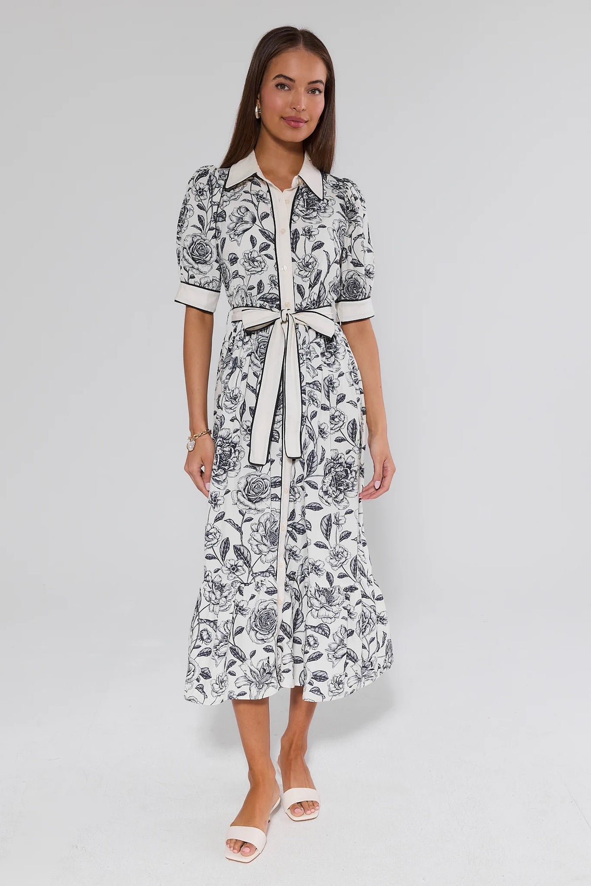 Caitlyn Navy Floral Print Midi Dress with Tie Waist - Full Front On-Model View | Avara