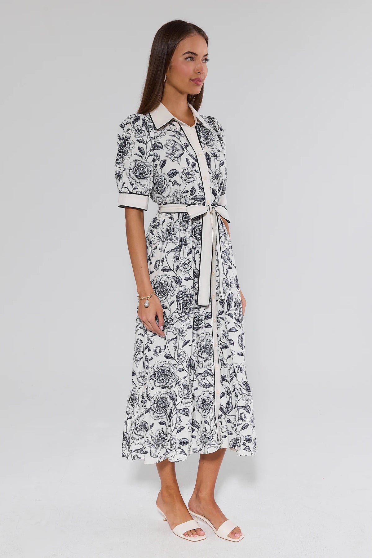 Caitlyn Navy Floral Print Midi Dress - Side Angle View, A-Line Flared Hem | Avara