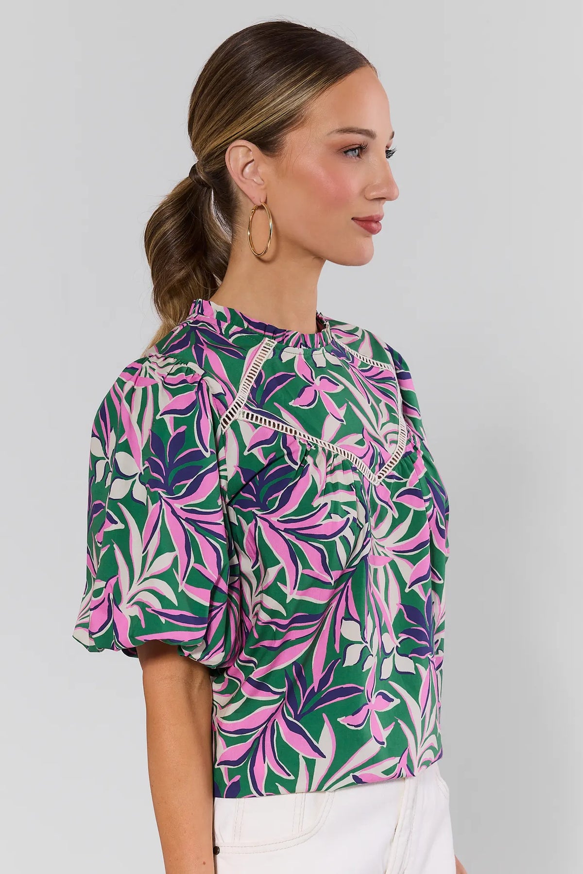 Kristen Green Palm Printed Top - Side Profile View showing puff sleeve & relaxed fit | Avara