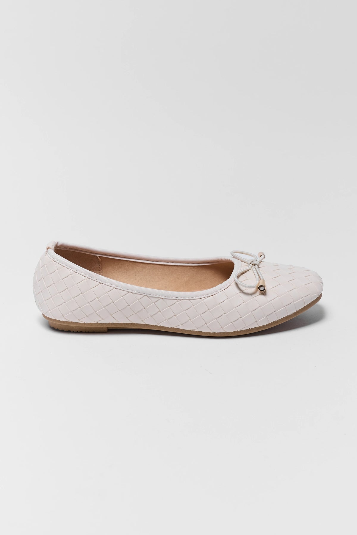 White woven ballet flat with round toe and bow detail - Side Profile | Avara